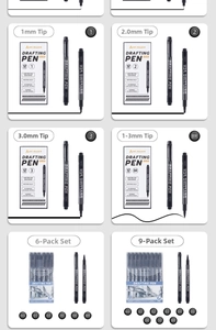 Detail view of drafting pen set with multiple tip sizes and waterproof ink features