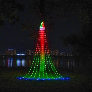 Outdoor RGB LED Christmas tree waterfall lights with hanging star and color-changing effect