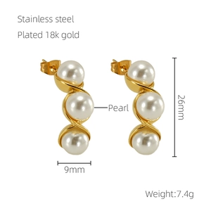 Detailed view of gold plated stainless steel pearl pea earrings with dimension specs