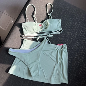 Ribbed Bikini Top Triangle Bottom And Mini Skirt Heart Shaped Buckle Padded Solid Color Women Swimwear Beachwear