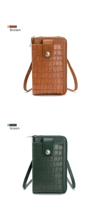 Detailed close-up of brown and green crocodile pattern crossbody phone bags with zippers