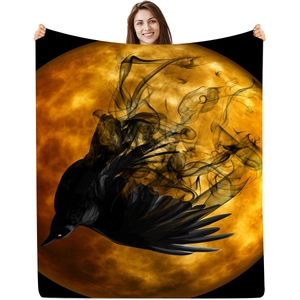 Detail of soft flannel blanket featuring high-definition crow and full moon digital print