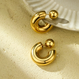Fashionable gold C-shaped hollow tube stud earrings with large round ball backings