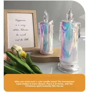 Detail of iridescent LED candles with wavy texture on a wooden base for cozy ambiance