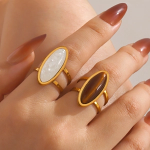 Vintage Oval Geometric Ring Stainless Steel Gold Plated Tiger Eye Stone Faux Marble Inlay Open Adjustable Fashion Women