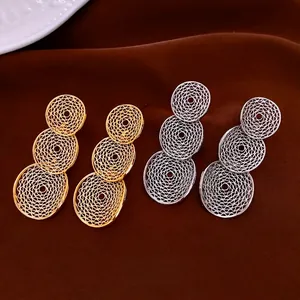 Hollow Geometric Triple Circle Drop Earrings With 925 Sterling Silver Earring Post Copper Textured Jewelry For Women