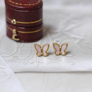 Elegant 18k gold plated titanium butterfly stud earrings with white mother of pearl inlay