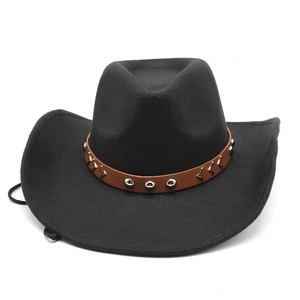 Detail of black wool cowboy hat featuring brown leather band with metallic silver studs