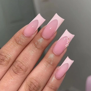 French Press On Nails Long Square Shape Pink French Tips With 3D Pink Flower Golden Beads Decoration Sweet Style Fake Nails