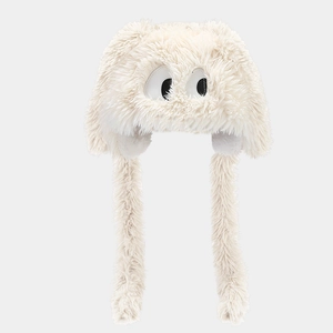 Close-up of plush long ear hat with cartoon eyes made of soft faux fur material