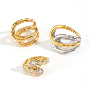 Three-piece stackable geometric hollow steel rings with heart-shaped zircon in gold and silver