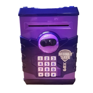 Purple electronic ATM money bank with keypad and automatic coin scroll for kids
