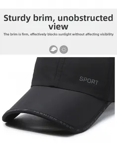 Detailed view of black baseball cap brim with durable stitching and Sport embroidery