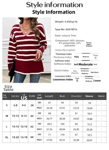 Detailed size guide and material specification table for women striped long sleeve sweater