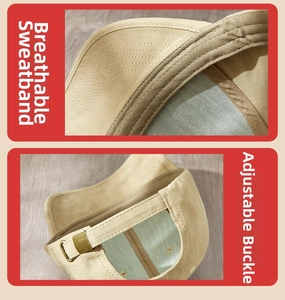 Macro detail of khaki baseball cap featuring breathable sweatband and metal adjustable buckle