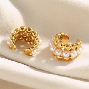 Minimalist 18K gold plated stainless steel ear cuffs with pearls on soft fabric