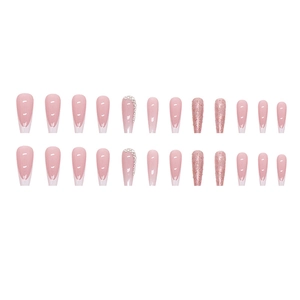 French gradient long coffin nails with glitter and rhinestones in a 24-piece set