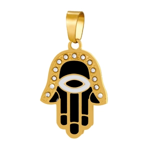 Detailed view of golden Hamsa hand pendant with black enamel inlay and clear crystals