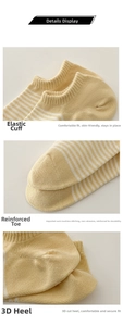 Detail view of yellow striped cotton ankle socks featuring elastic cuff and reinforced toe