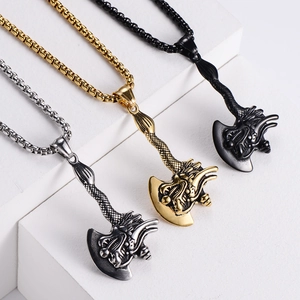 Three Chinese dragon axe pendants in gold, silver, and black finish with chain necklace