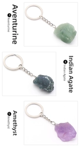 Vertical view of natural aventurine, indian agate, and amethyst stone keychains