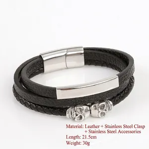 Bracelet multicouche en cuir noir pour homme avec tête de mort et fermoir magnétique