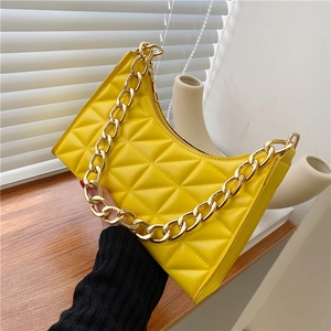 Women Quilted Underarm Shoulder Bag PU Leather Gold Chain Strap Rhombic Pattern Baguette Hobo Versatile Daily Handbag