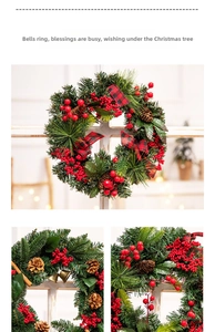 Detail of pine needles, red berries, and classic plaid bow on a Christmas wreath