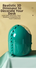 Macro detail of dark green dinosaur desk bin featuring 3D back fins on glossy finish