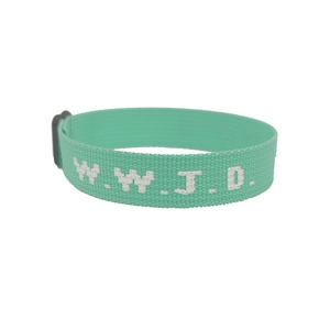 Detail of mint green woven WWJD bracelet with white embroidered letters and black buckle