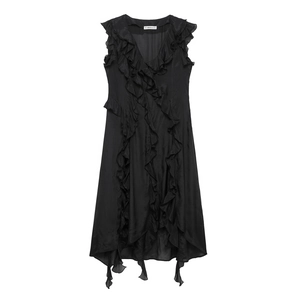 Elegant V-Neck Sleeveless Maxi Dress Polyester Ruffled Wood Ear Edge Irregular Hem Vacation Retro Style For Women
