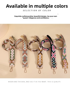 Close-up of ethnic style woven bag straps with colorful geometric patterns and gold clips