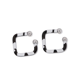 Modern stainless steel square ear cuffs with zebra pattern enamel and silver bead ends