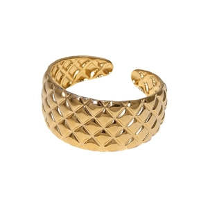 Adjustable golden stainless steel open ring featuring a classic quilted pattern design