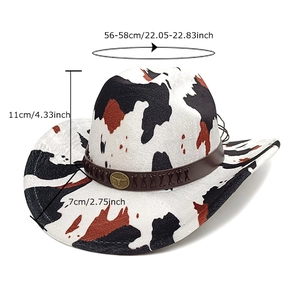 Western cow print cowboy hat with bull metal badge and brown leather strap for outdoors