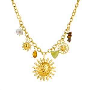Golden sun face pendant necklace set with heart charms and tiger eye stone beads