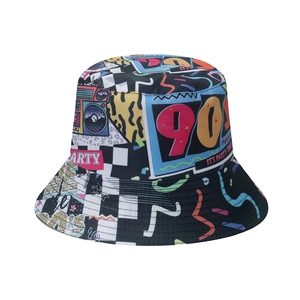 Retro 80s 90s bucket hat featuring vibrant graffiti, disco party patterns and 90s graphics
