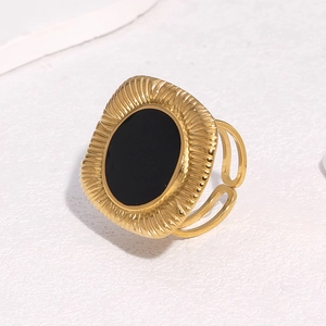 Adjustable 18k gold plated stainless steel ring with black enamel oval centerpiece
