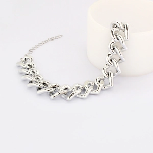 Detail of silver heart-shaped chain pet necklace with adjustable lobster clasp and metal texture