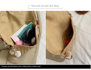 Detail view showing beige straw bag interior with large capacity for daily essentials