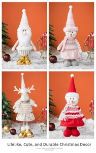 Detail of plush Santa, snowman, and reindeer figurines with knitted fabric and bead accents
