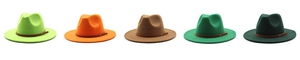 Row of colorful wool felt fedora hats featuring minimalist thin brown leather belts