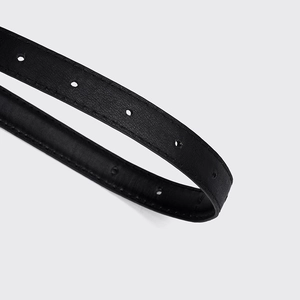 Fashionable black leather belt for women with silver buckle and fine stitched details