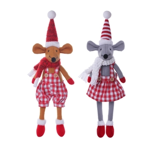 Set di due bambole topo natalizie in tessuto scozzese rosso per decorazioni festive