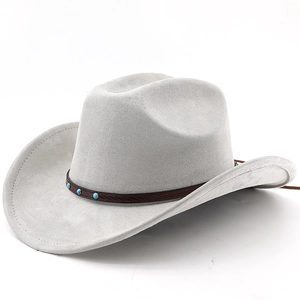 Detail of light gray suede cowboy hat featuring brown leather band and turquoise studs