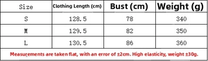 Size chart for French-style V-neck dress detailing length, bust, and weight in cm and grams
