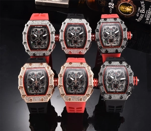 Luxurious tonneau watches with full diamond bezels and skeleton dials in multiple colors
