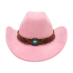 Chapeau de cowboy rose en faux daim avec bande en cuir tressé et pierre turquoise