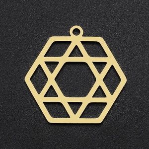 Macro detail of golden stainless steel star of david hexagon pendant for jewelry making