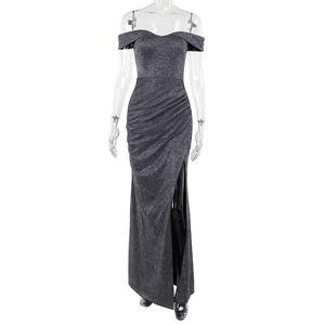 Detail of off-shoulder dark grey sparkling dress with waist pleats and high side slit